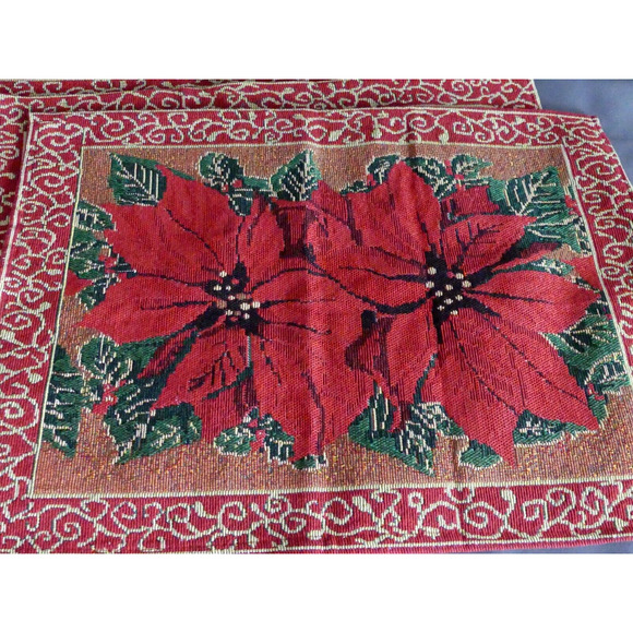 Set of 4 Poinsettia Christmas Placemats Woven Red Gold Trim Table Holiday Decor - Picture 2 of 6